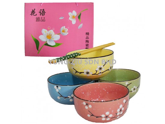 4PCS 4.25^ BOWL+4 PAIR CHOPSTICKS SET(SNOW PLUM)